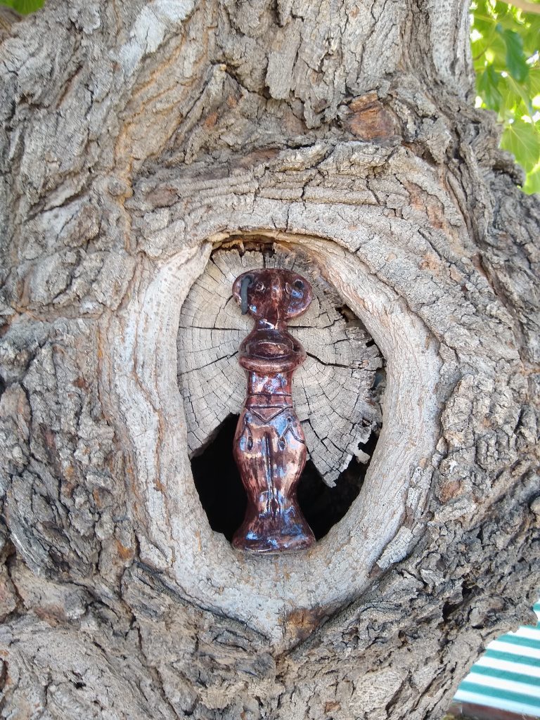 fired clay figurine of a beaked female body with two large ear rings holding a bowl, it now is glossy with dark reddish to black coloring, one earring is missing, it is positioned in the knot of a tree