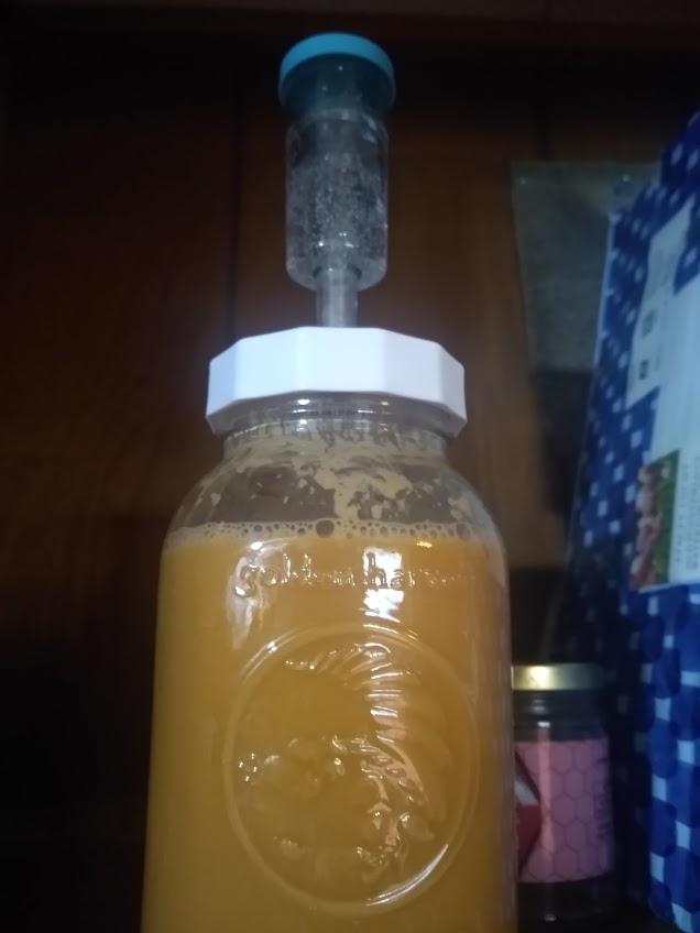 milky light brown liquid with a line of foam at the top, in a 32oz glass fermenting jar